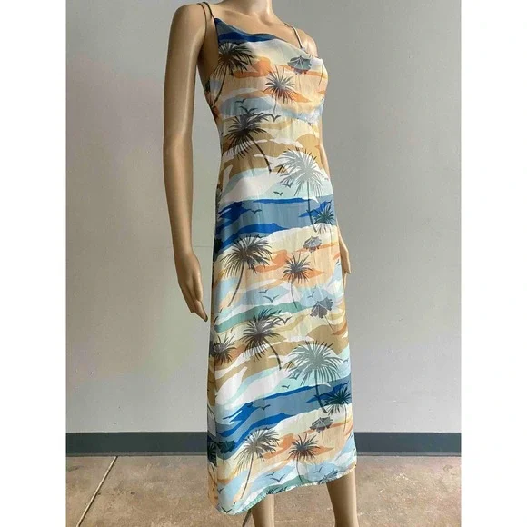 GREYLIN Tropical Palm Tree Cowl Neck Slip Dress Blue Tan XS - Picture 2 of 7